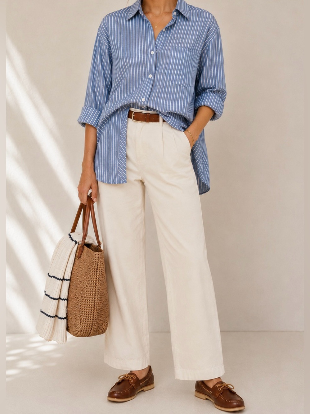 St. John's Bay Oversized Coastal Poplin Button Down Deep Sea Navy Stripe Size L